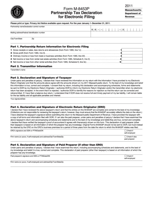 Form M-8453p - Partnership Tax Declaration For Electronic Filing Printable pdf