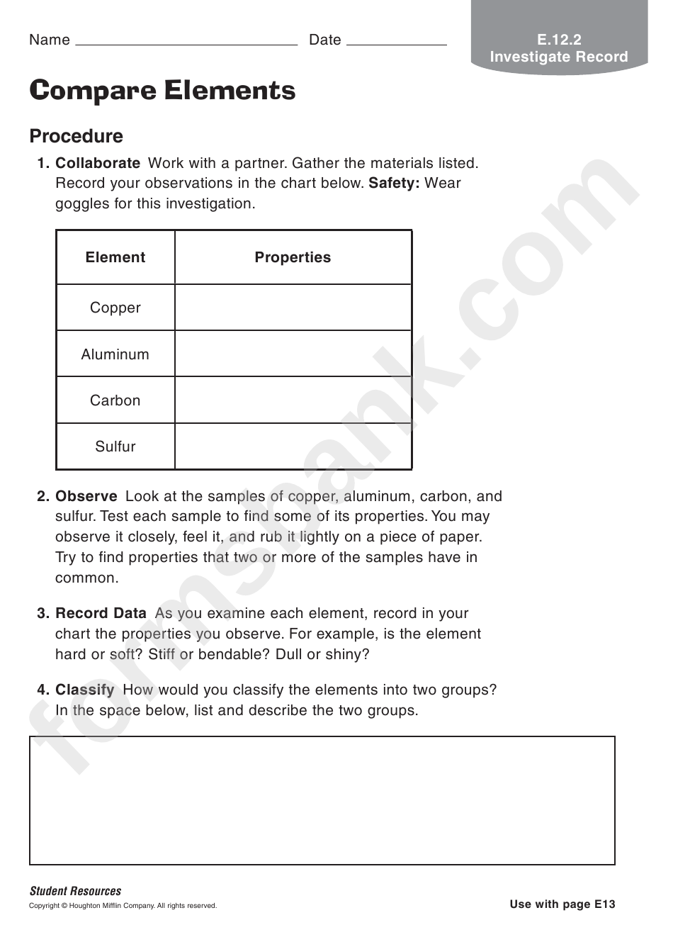 Compare Elements Chemistry Worksheet