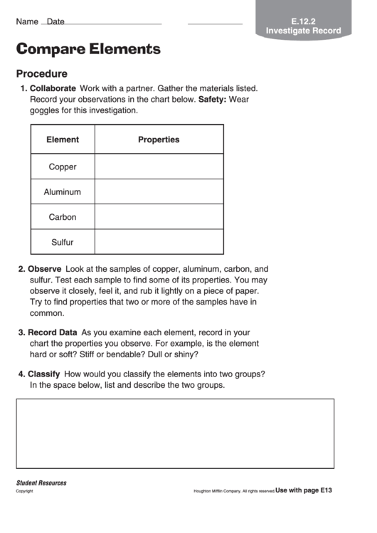 Compare Elements Chemistry Worksheet Printable pdf