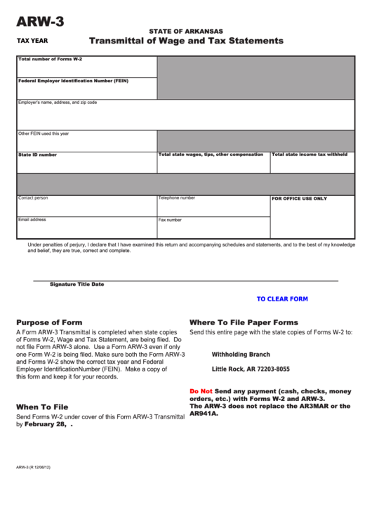 Fillable Form Arw-3 - Transmittal Of Wage And Tax Statements Printable pdf
