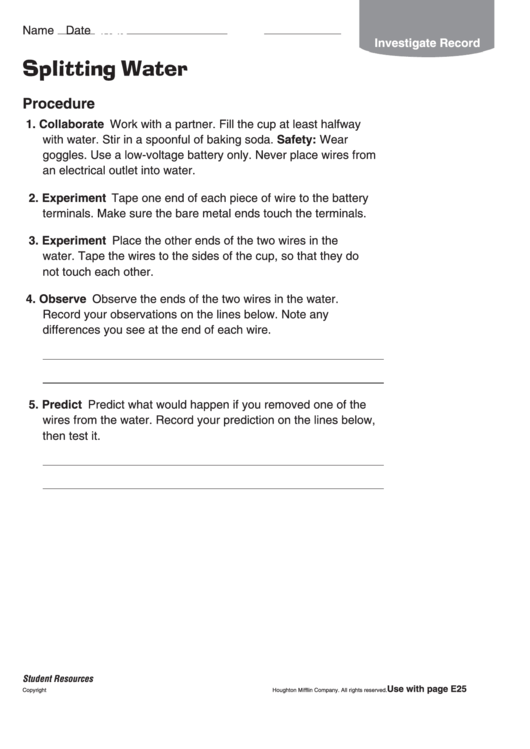 Splitting Water Chemistry Worksheet Printable pdf