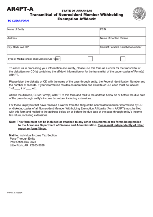 Fillable Form Ar4pt-A - Transmittal Of Nonresident Member Withholding Exemption Affidavit Printable pdf