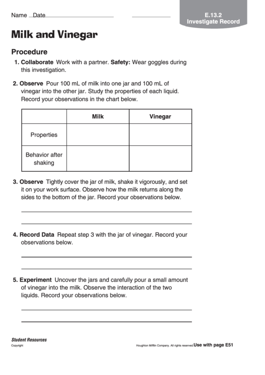 Milk And Vinegar Chemistry Worksheet Printable pdf