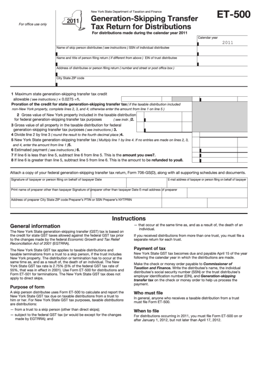 Form Et-500 - Generation-Skipping Transfer Tax Return For Distributions - 2011 Printable pdf