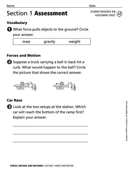 Section 1 Assessment Forces And Motion Physics Worksheet Printable pdf