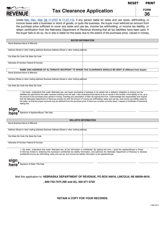 Fillable Form 36 - Tax Clearance Application Printable pdf