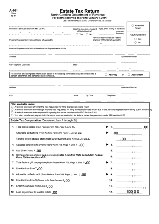 Form A-101 - Estate Tax Return Printable pdf