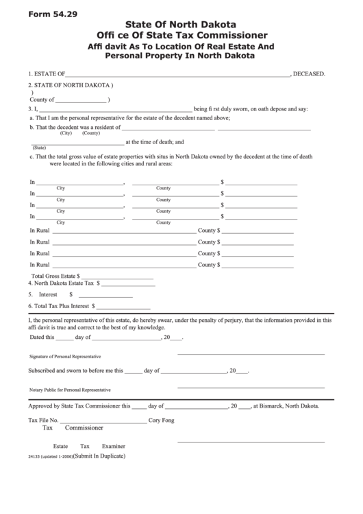 Fillable Form 54.29 - Affi Davit As To Location Of Real Estate And Personal Property In North Dakota Printable pdf