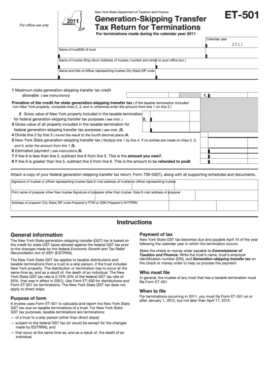 Form Et-501 - Generation-Skipping Transfer Tax Return For Terminations - 2011 Printable pdf