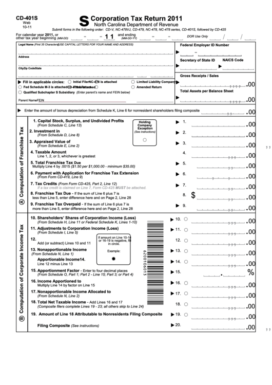 Form Cd-401s - S Corporation Tax Return - 2011 Printable pdf