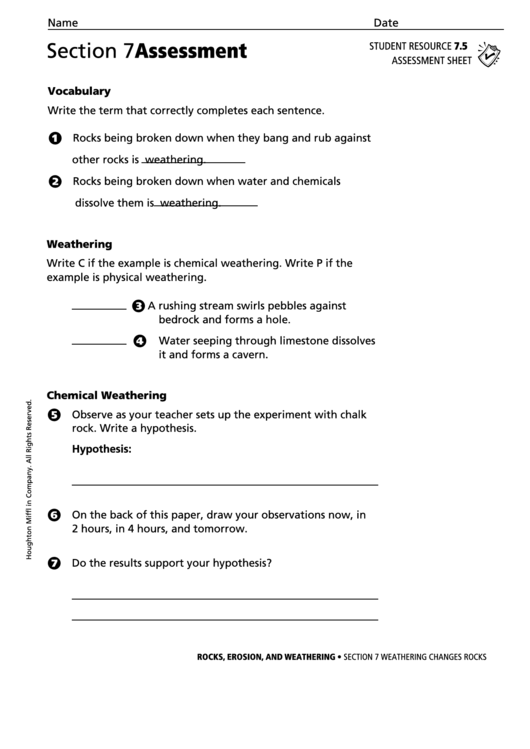 Section 7 Assessment Weathering Changes Rocks Geology Worksheet Printable pdf