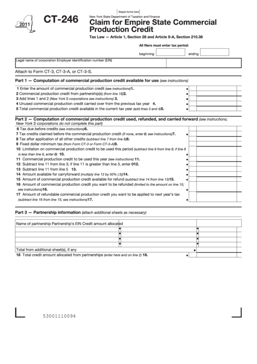 Form Ct-246 - Claim For Empire State Commercial Production Credit - 2011 Printable pdf