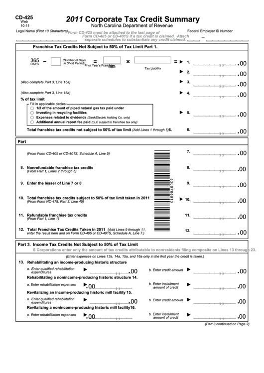 Form Cd-425 - Corporate Tax Credit Summary - 2011 Printable pdf