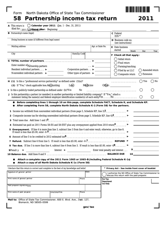 Fillable Form 58 - Partnership Income Tax Return - 2011 Printable pdf