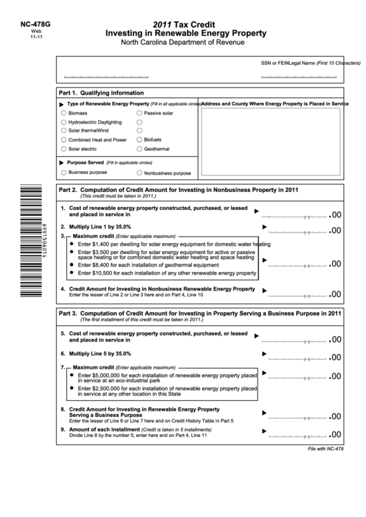Form Nc-478g - Tax Credit Investing In Renewable Energy Property - 2011 Printable pdf