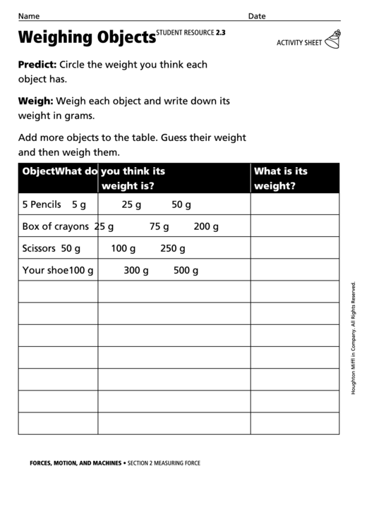 Weighing Objects Physics Worksheet Printable pdf