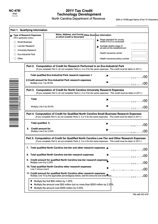 Form Nc-478i - Tax Credit Technology Development - 2011 Printable pdf