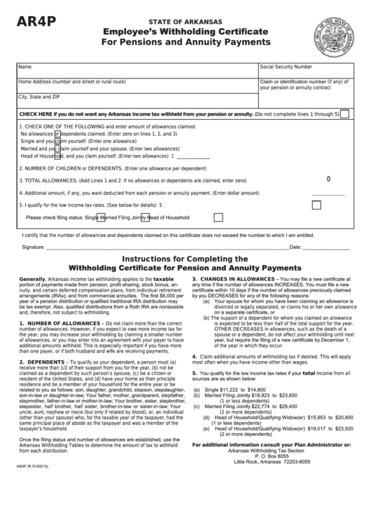 Form Ar4p - Employee's Withholding Certificate For Pensions And Annuity Payments