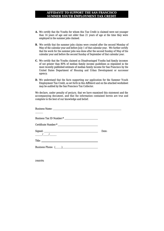 Form Affidavit To Support The San Francisco Summer Youth Employment Tax Credit Printable pdf