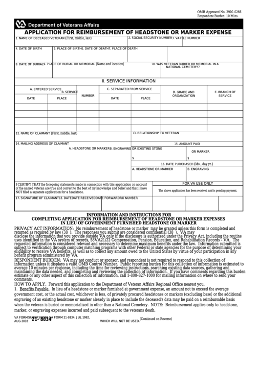 Fillable Va Form 21- 8834 - Application For Reimbursement Of Headstone Or Marker Expense Printable pdf