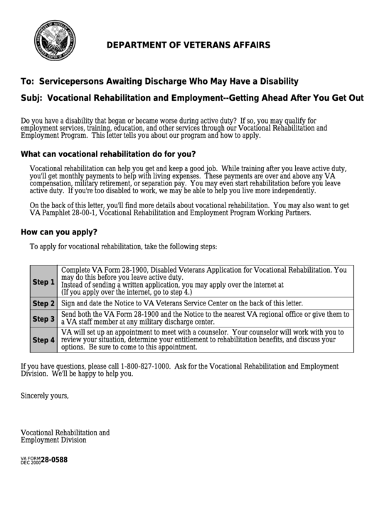 Fillable Va Form 28-0588 - Notice To Va Veterans Service Center Printable pdf
