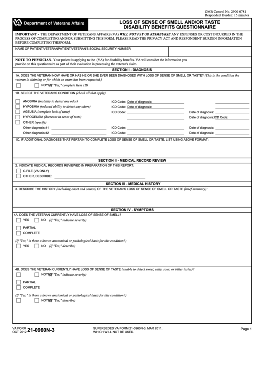 Fillable Va Form 21-0960n-3 - Loss Of Sense Of Smell And/or Taste Disability Benefits Questionnaire Printable pdf