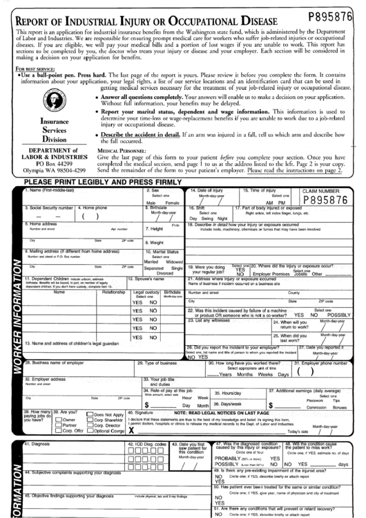 Report Of Industrial Injury Or Occupational Disease - Washington Department Of Labor Printable pdf