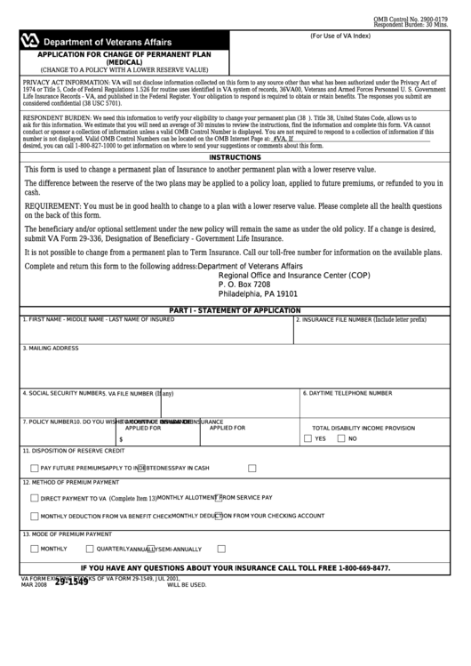 Fillable Va Form 29-1549 - Application For Change Of Permanent Plan (Medical) Printable pdf