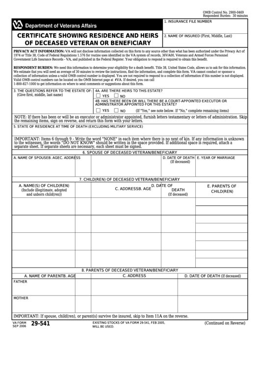 Fillable Va Form 29-541 - Certificate Showing Residence And Heirs Of Deceased Veteran Or Beneficiary Printable pdf