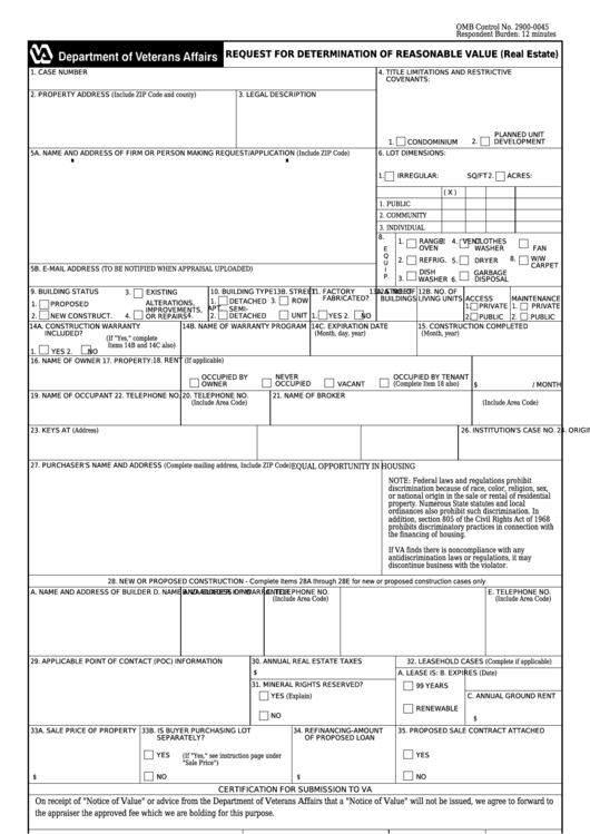 Fillable Va Form 26-1805 - Request For Determination Of Reasonable Value (Real Estate) Printable pdf