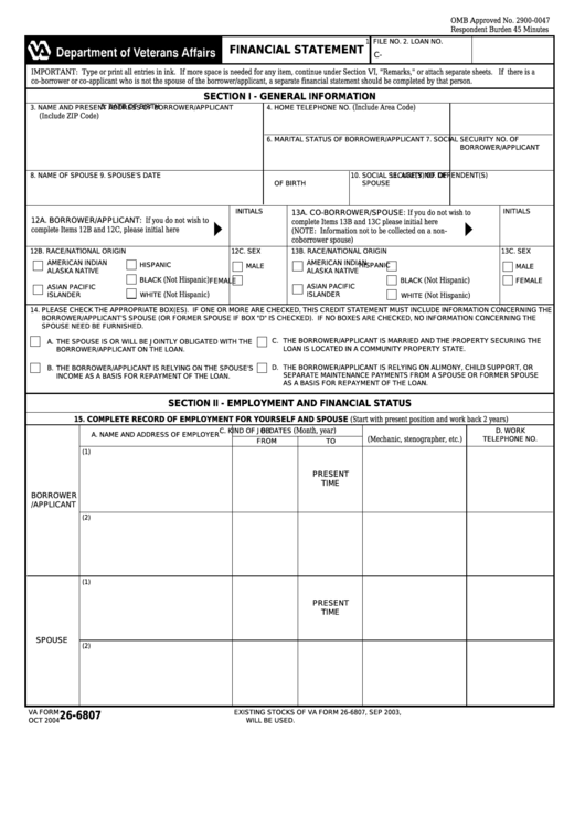 Fillable Va Form 26-6807 - Financial Statement Printable pdf