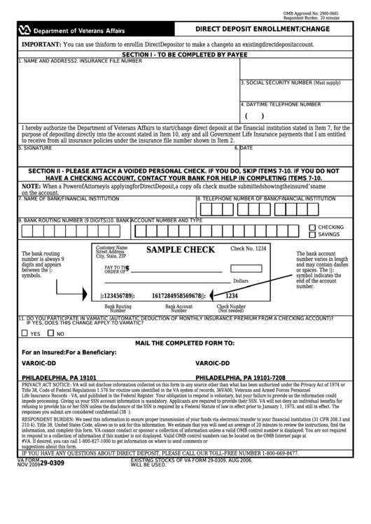 Fillable Va Form 29-0309 - Direct Deposit Enrollment/change Printable pdf