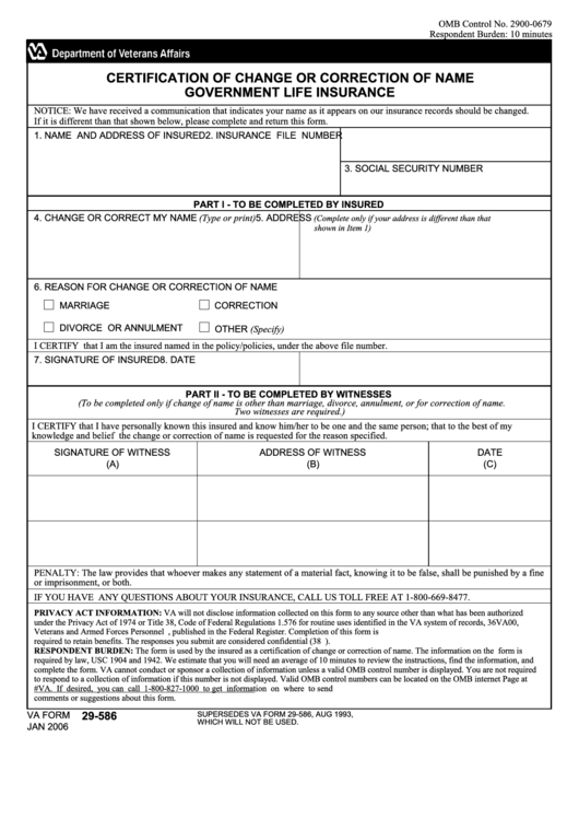 Fillable Va Form 29-586 - Certification Of Change Or Correction Of Name Government Life Insurance Printable pdf