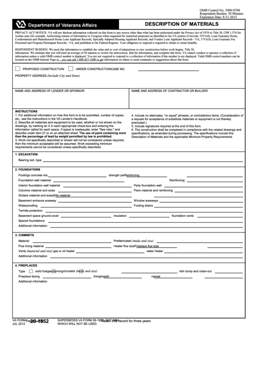 Fillable Va Form 26-1852 - Description Of Materials Printable pdf