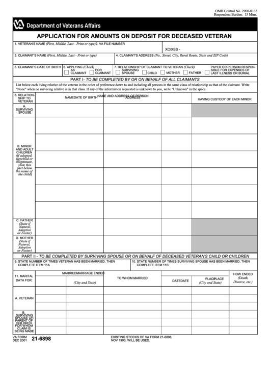 Fillable Va Form 21-6898 - Application For Amounts On Deposit For Deceased Veteran Printable pdf
