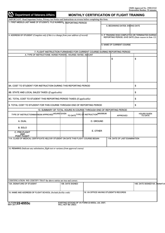 Fillable Va Form 22-6553c - Monthly Certification Of Flight Training Printable pdf