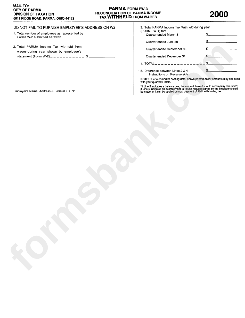 Form Pw3 Reconciliation Of Parma Tax Withheld From Wages