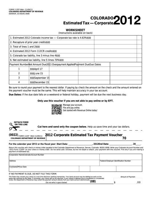Fillable Form 112ep - Estimated Tax-Corporate Worksheet - 2012 Printable pdf