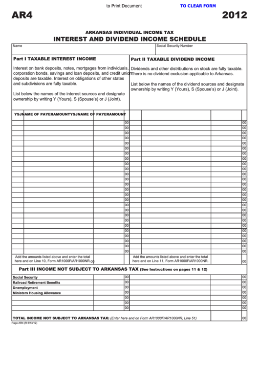 Fillable Form Ar4 - Interest And Dividend Income Schedule - 2012 Printable pdf