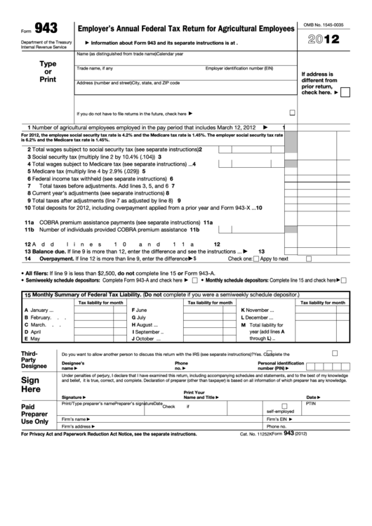 Fillable Form 943 - Employer