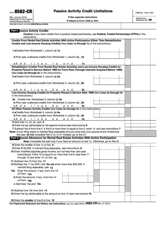 Fillable Form 8582-Cr - Passive Activity Credit Limitations Printable pdf