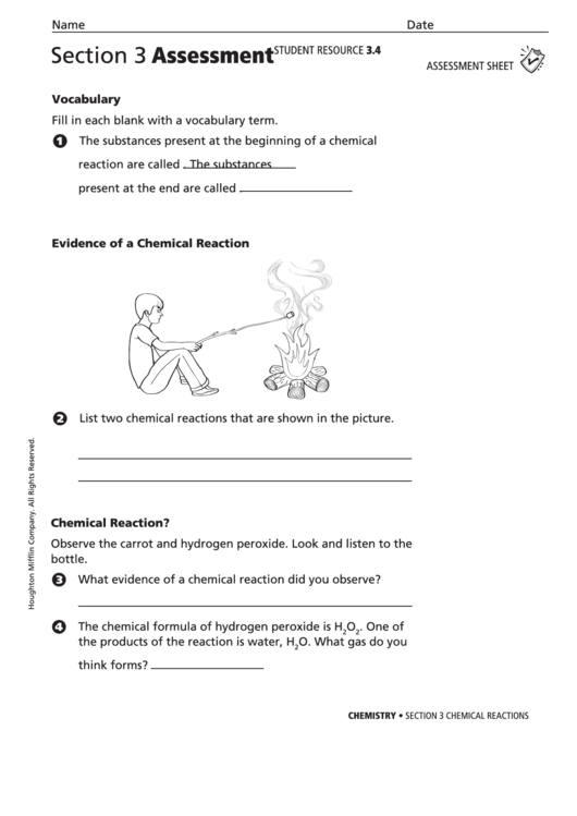 Chemical Reactions Assessment Sheet Printable pdf