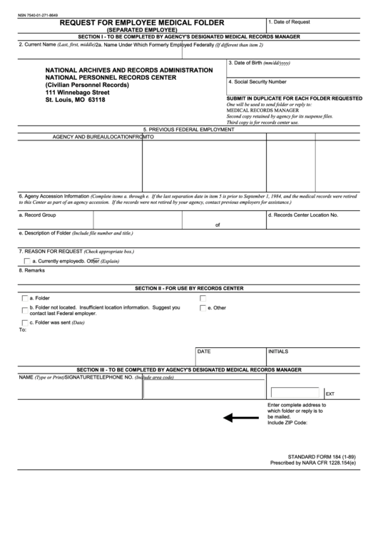 Fillable Standard Form 184 - Request For Employee Medical Folder Printable pdf