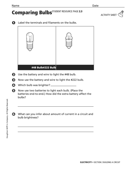 Comparing Bulbs Physics Worksheet Printable pdf