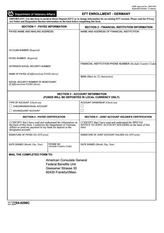 Fillable Va Form 24-0296c - Eft Enrollment - Germany Printable pdf