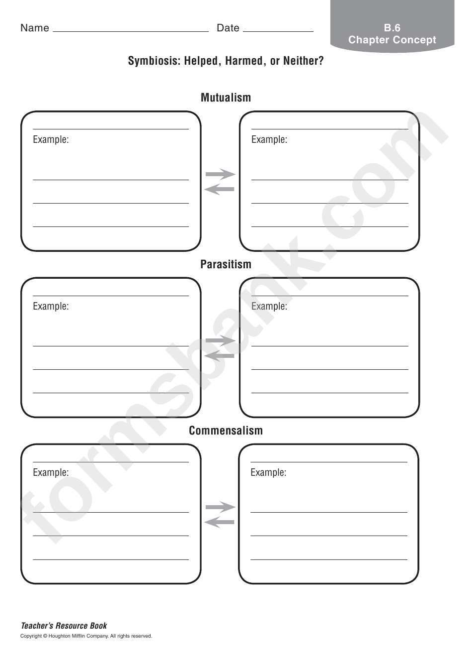 Science Worksheet - Symbiosis - Helped, Harmed, Or Neither