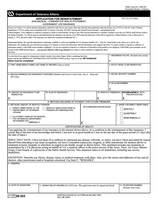 Fillable Va Form 29-353 - Application For Reinstatement (Non Medical - Comparative Health Statement) Printable pdf