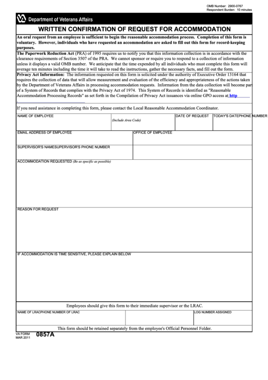 Fillable Va Form 0857a - Written Confirmation Of Request For Accommodation Printable pdf