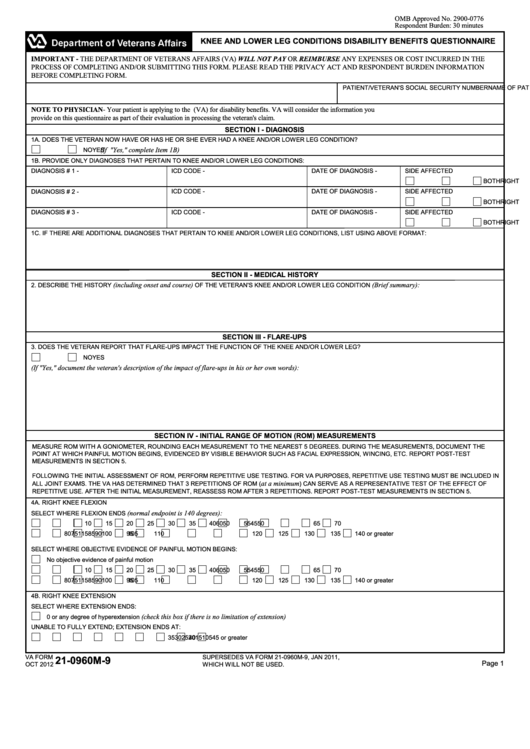 Fillable Va Form 21-0960m-9 - Knee And Lower Leg Conditions Disability Benefits Questionnaire Printable pdf