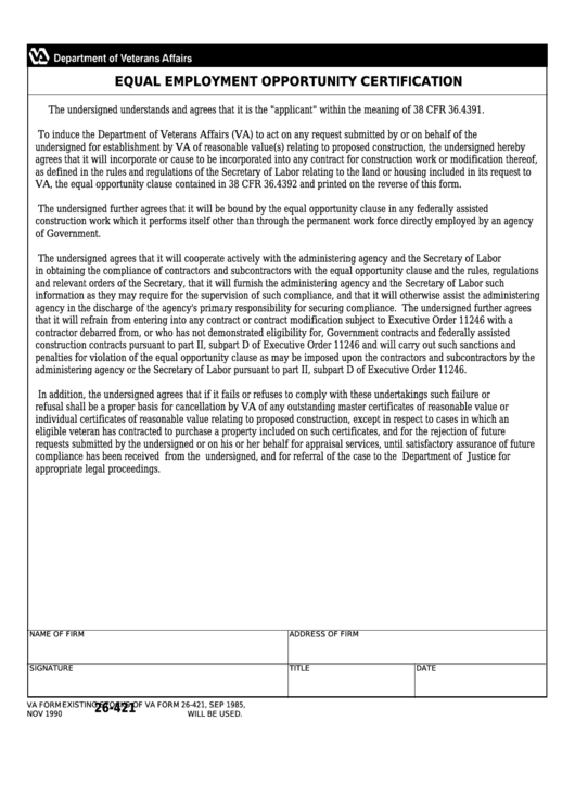 Fillable Va Form 26-421 - Equal Employment Opportunity Certification Printable pdf